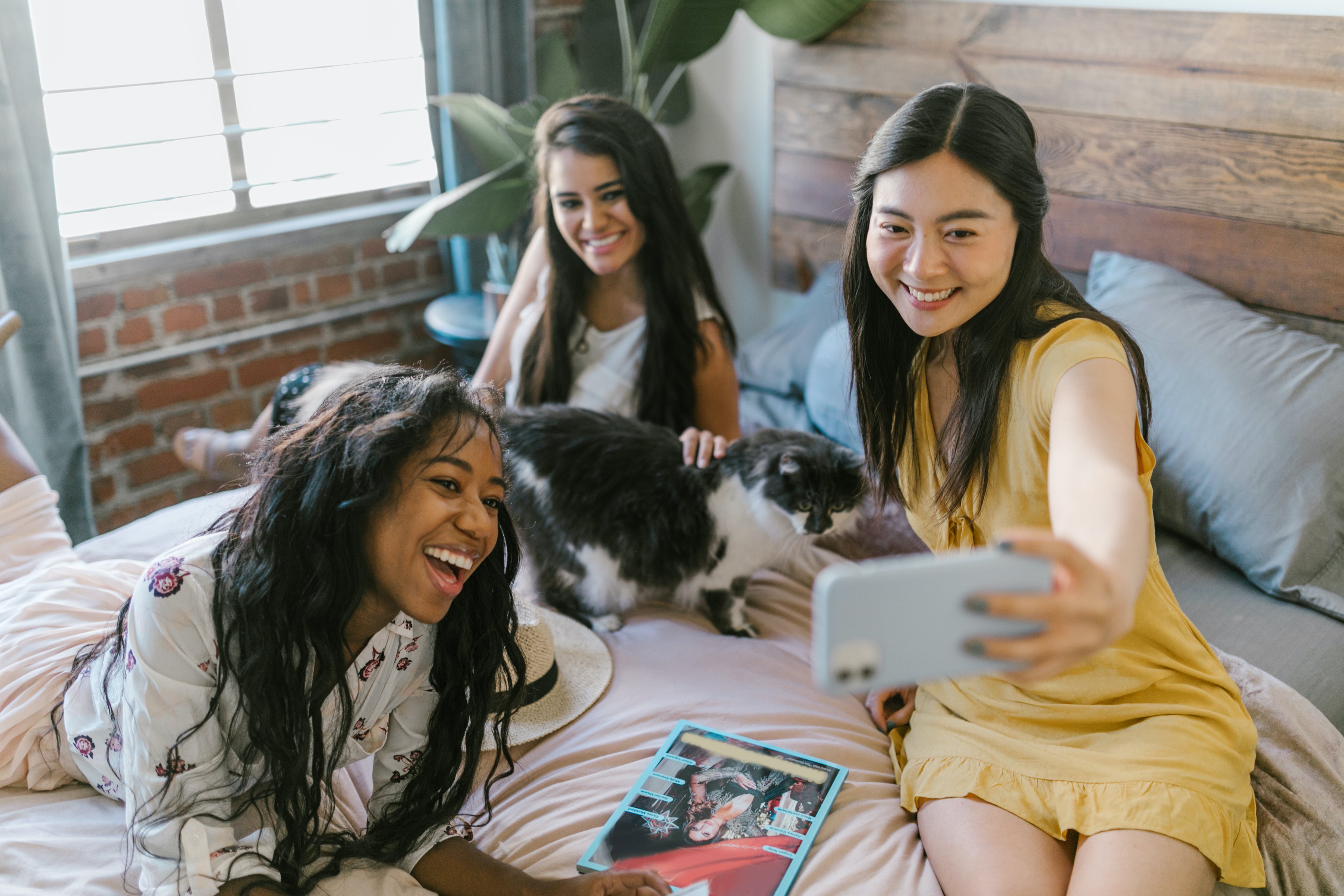 A group of three women sitting on a bd with a cat